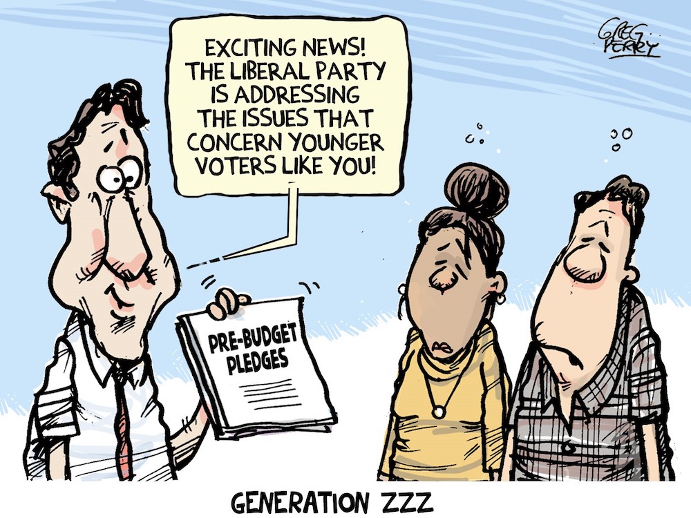 On the left of the frame, a cartoon caricature of Justin Trudeau holds a sheet of paper that reads, 'Pre-budget Pledges.' His speech bubble says 'Exciting news! The Liberal party is addressing the issues that concern younger voters like you!' On the right of the frame are two caricatures, a woman and a man, both tired looking with their eyes closed and mouths turned down in frowns. Under the cartoon is the caption 'Generation ZZZ.