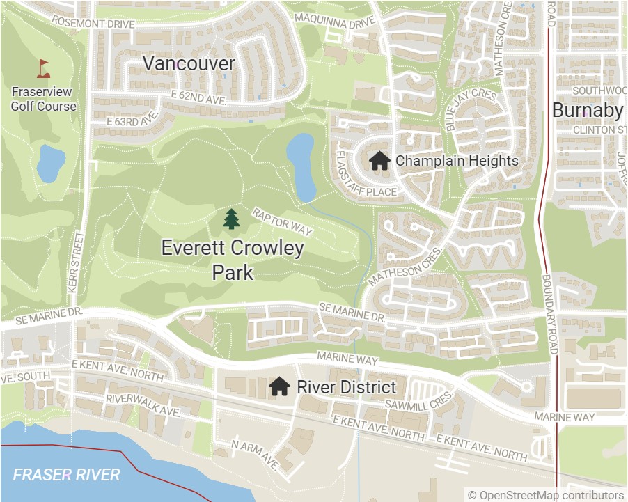 An aerial map of Everett Crowley Park, bordered by Kerr Street, Boundary Road and Marine Drive. Surrounding the park is the Champlain Heights neighbourhood. To the left is the Fraserview Golf Course. To the south is Vancouver’s River District.