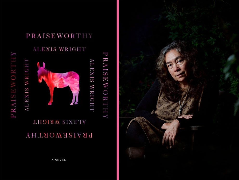 Two images side-by-side. On the left, a black book cover with the silhouette of a donkey filled with pink swirling colour and bordered by the words ‘Praiseworthy.’ On the right, a black and white photo of Alexis Wright t in a dim-lit room.