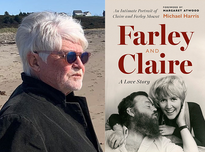 A split panel image. In the image on the left, Michael Harris, a light-skinned man with white hair, stands on a beach, looking off camera. The image on the right is the cover of 'Farley and Claire,' with is a light pink colour and features a black and white photo of Farley and Claire Mowat in a moment of affection.