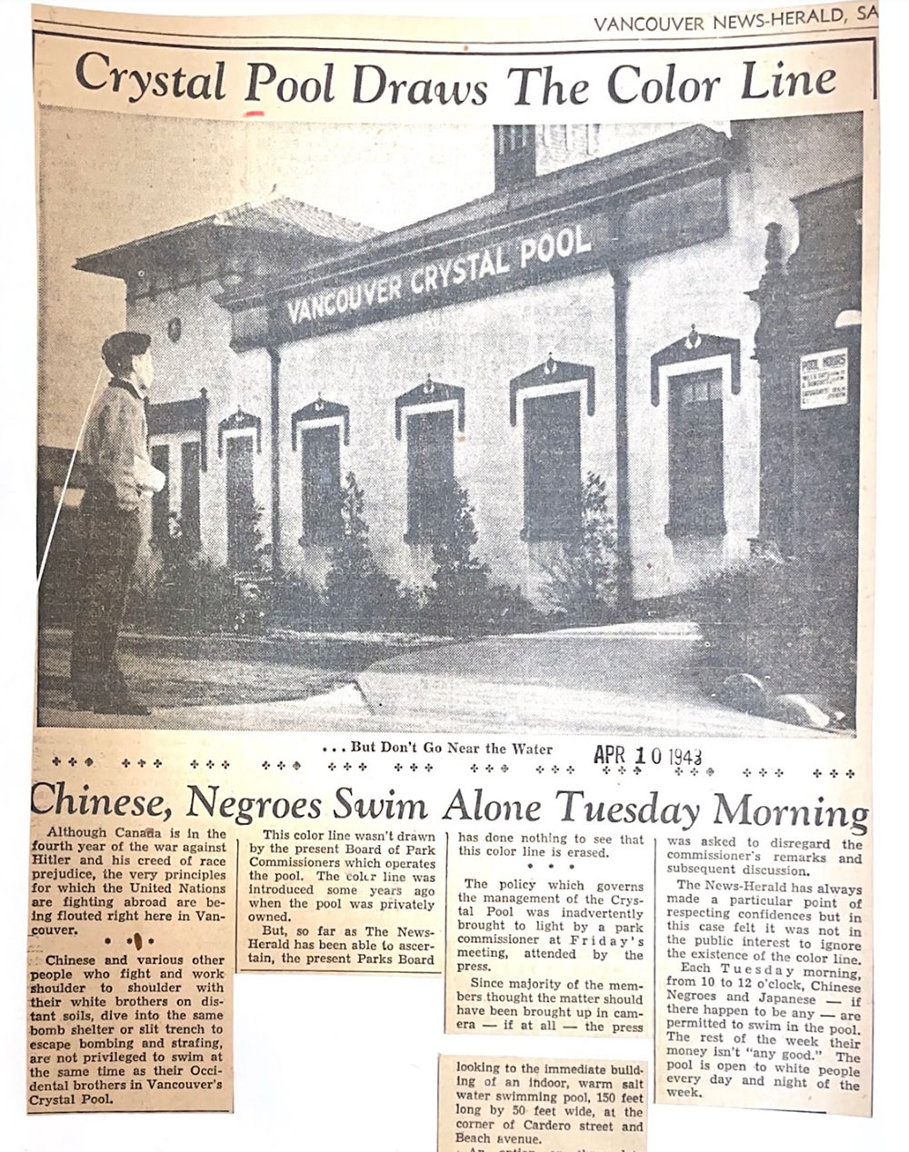 An archival newspaper clipping features a black and white photo of a young Chinese Canadian man standing in front of a building with a sign that reads 'Vancouver Crystal Pool.'