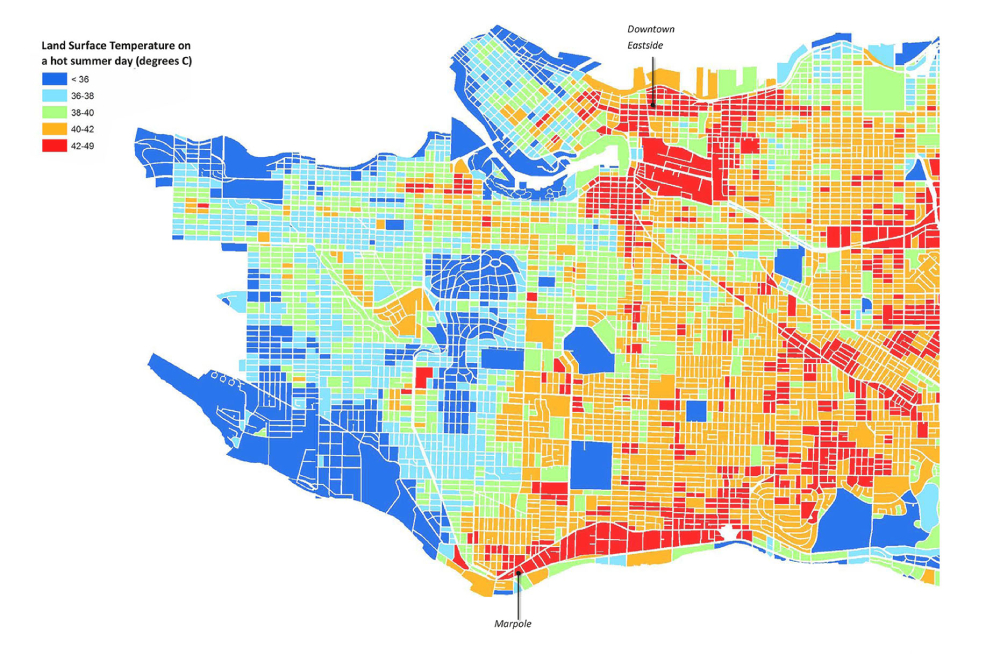 A map of Vancouver against a white background is colour coded in rainbow colours according to a legend to the left of the frame to denote land surface temperatures on a hot summer day.