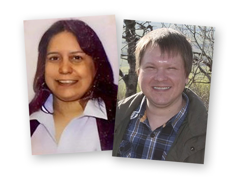 Two photos show people smiling at the camera. An Indigenous woman with shoulder-length dark hair is wearing a white shirt and dark jacket. A white man is wearing a blue plaid shirt and greyish jacket and standing outdoors.