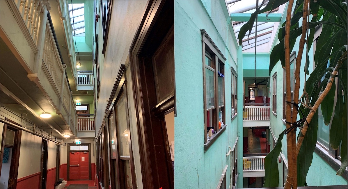 Two photos, both showing an interior space in a hotel, rising past several floors. On the left, the walls are brown. On the right, in a photo taken from a higher floor, they are green.