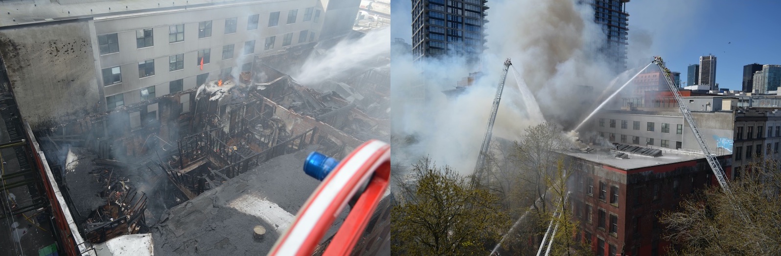 Two photos side by side. On the left is an overhead shot of the destroyed and charred interior of a building, with another structure behind it. On the right, smoke billows from a building as towering ladders are used to send streams of water into the fire.
