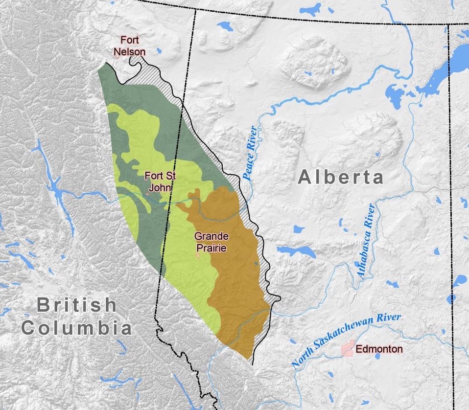 A map shows a roughly oval-shaped, multi-coloured shaded area straddling the border between B.C. and Alberta.