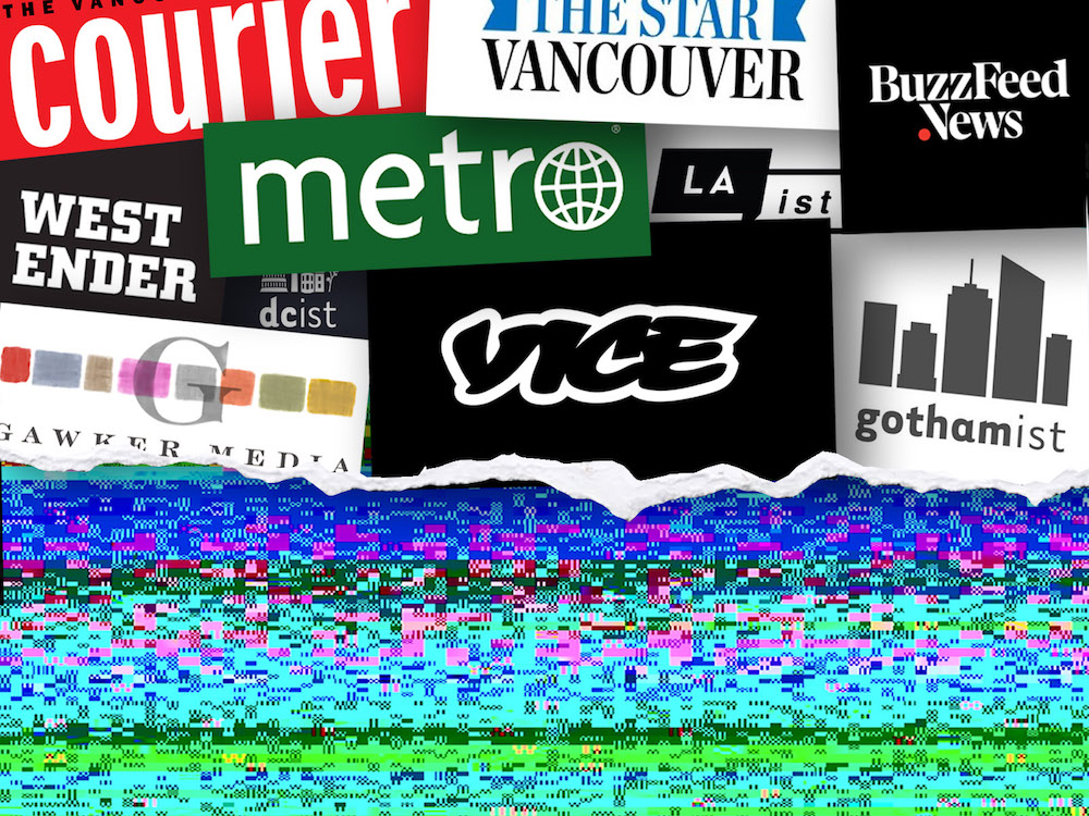 A digital collage features a colourful illustration of digital static at the bottom of the frame, atop which stands a collage of logos for now-shuttered news outlets.