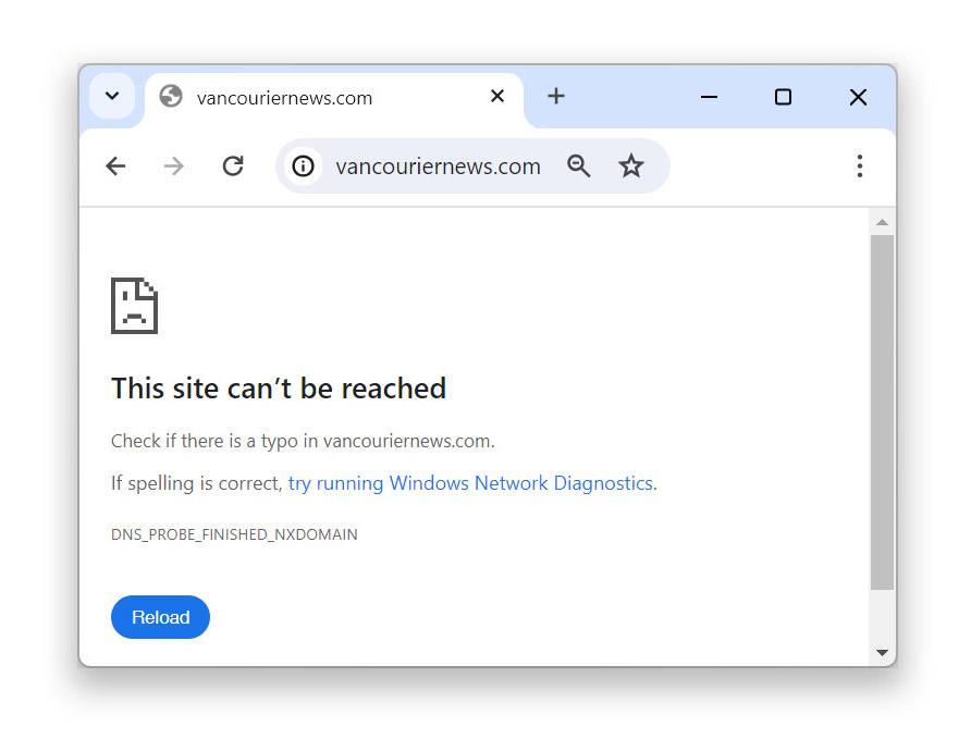 A white digital screenshot displays an error notification that says 'This site can’t be reached' with 'Vancouriernews.com' in the browser.