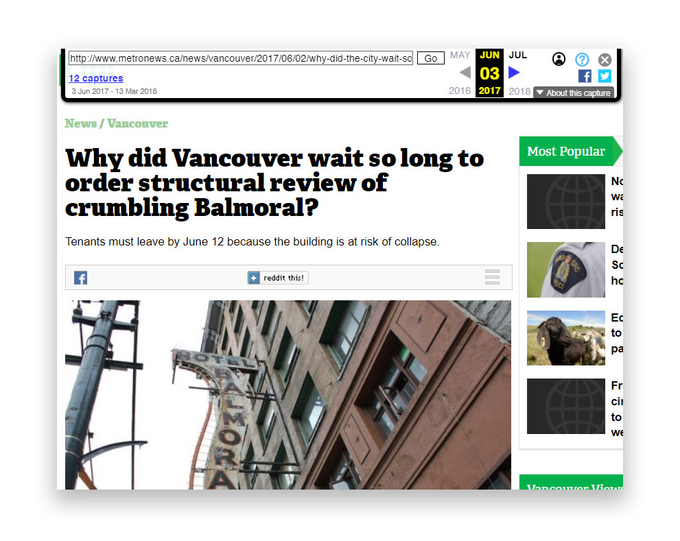 A screenshot of a local news story about the Balmoral Hotel in Vancouver.