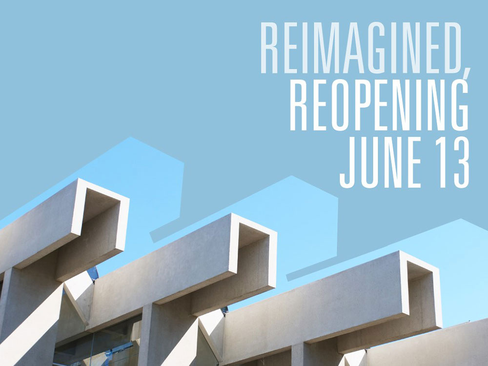 An illustration of the concrete facade of a building over a blue background that reads 'reimagined, reopening.'