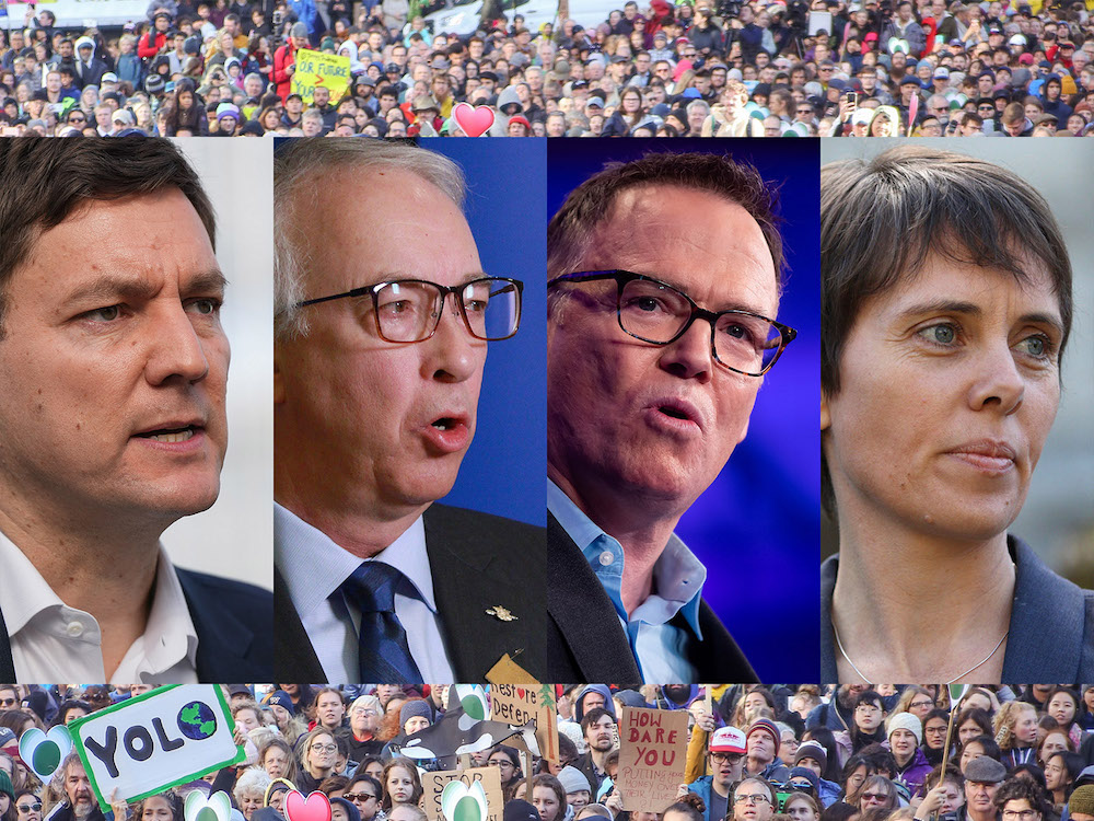 A collage shows the faces of Premier David Eby, B.C. Conservative Leader John Rustad, BC United Leader Kevin Falcon and BC Green Party Leader Sonia Furstenau, overlaid over an image of a crowd of people, some holding protest signs.